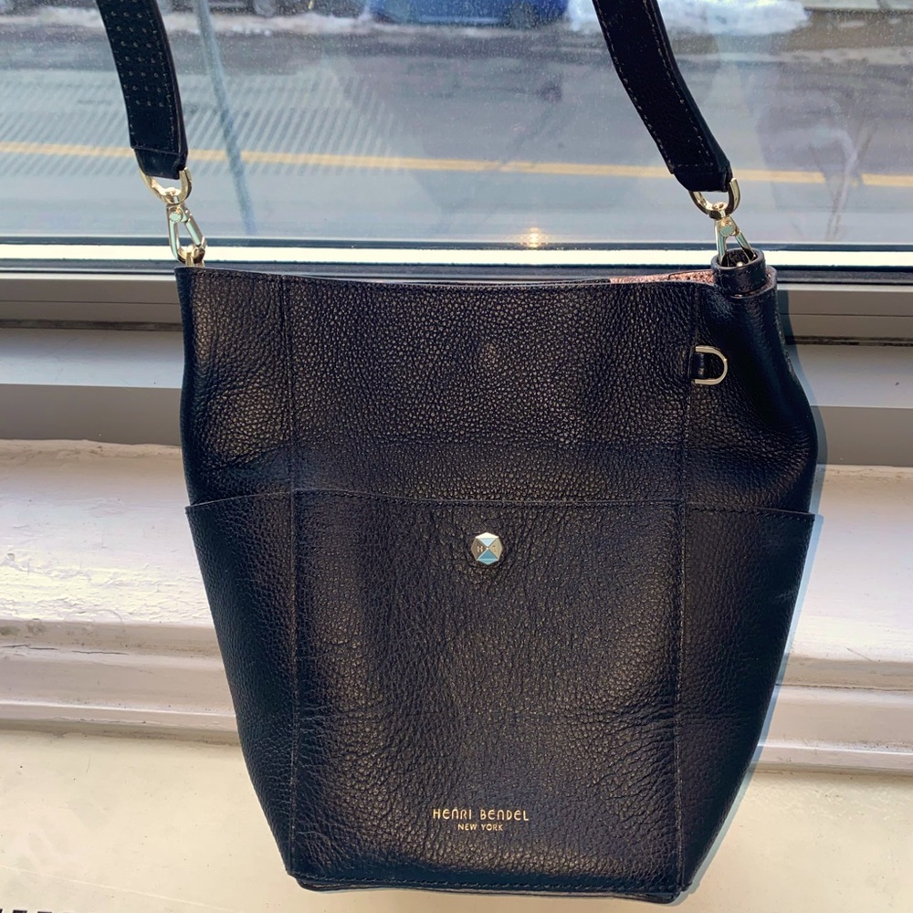 Henri Bendel Black Faux Leather bucket cross body